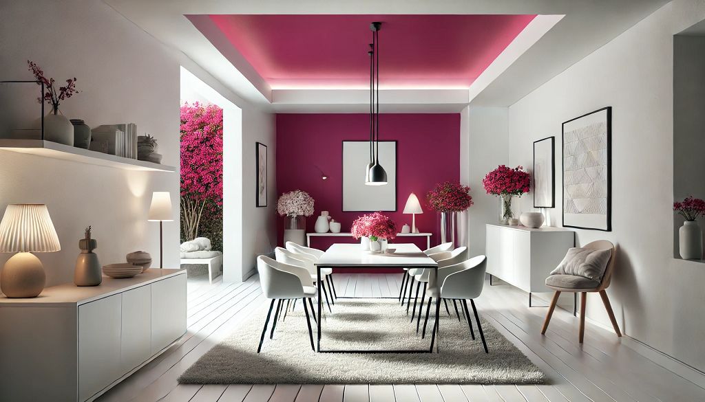 Salón moderno con detalles de pintura magenta en la pared